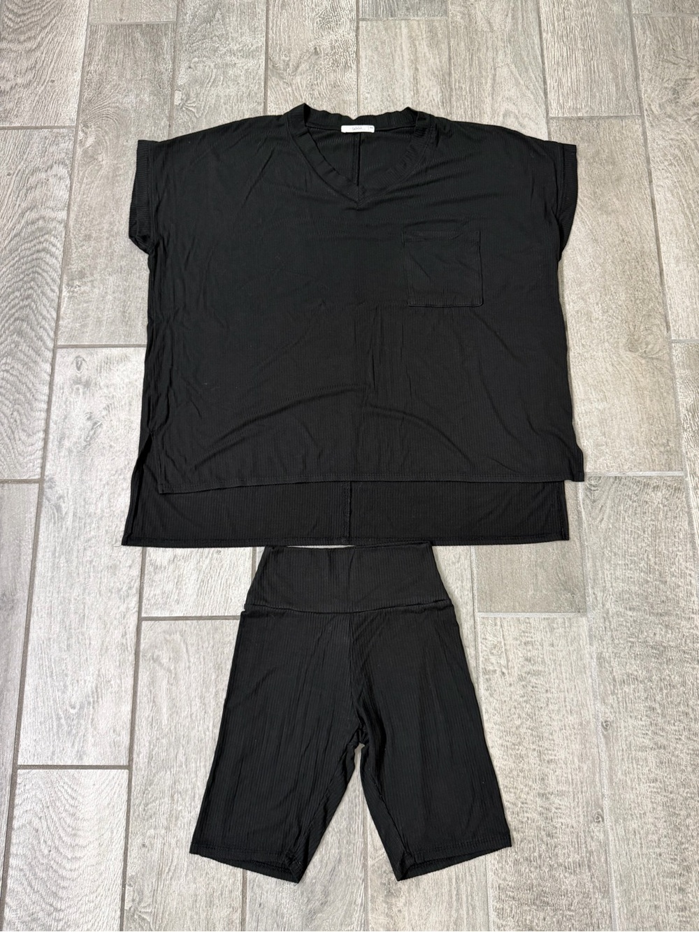 Ribbed Black V-Neck Set with Biker Shorts